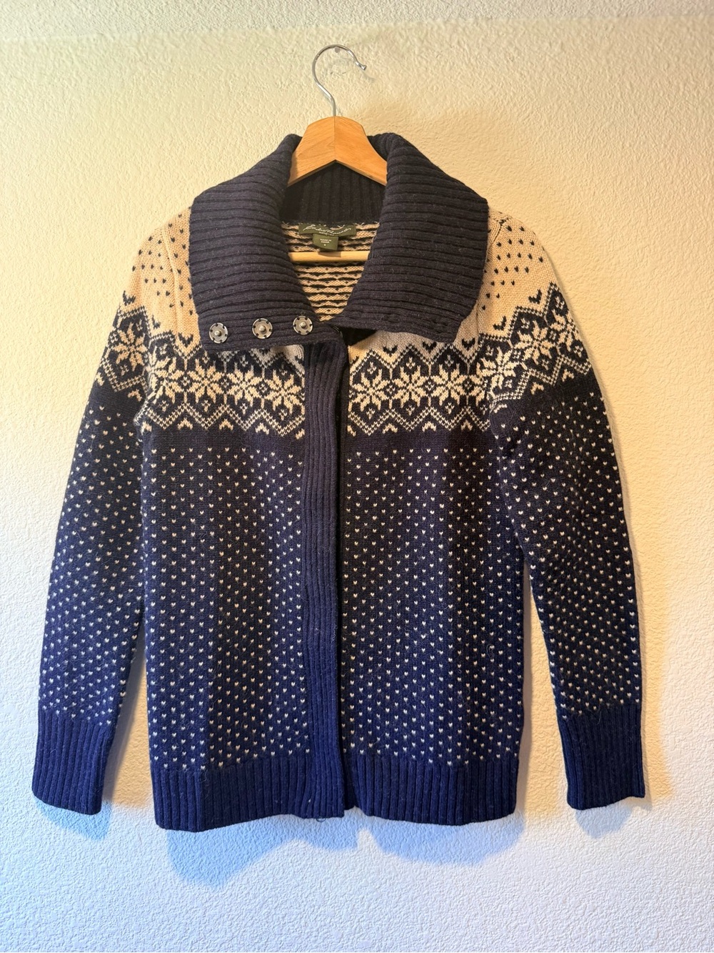 EDDIE BAUER Navy and Cream Fair Isle Nordic Zip Sweater